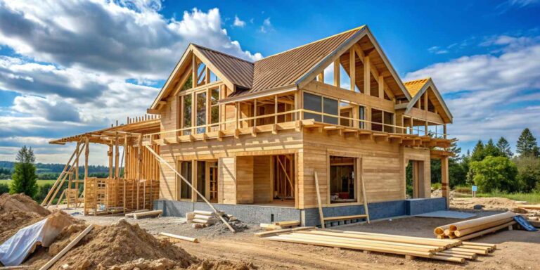 Building a new house out of wood, on a concrete foundation. Structural elements and other building materials are visible all around.