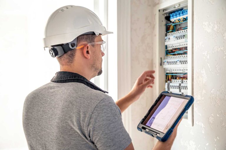 A professional electrician checks the fuse box through which the current flows. In his hand he holds a tablet on which he checks that the electrical diagram matches what has been installed.