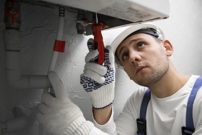 A boiler fitter for water heating installs a new boiler. He holds in his hand the tool with which he performs the installation service and has a glove on his hand to protect his hand.