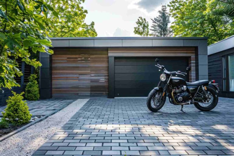 A modern garage with sleek and contemporary looking paving on the driveway. The precision of the laying indicates that the driveway is perfectly executed.