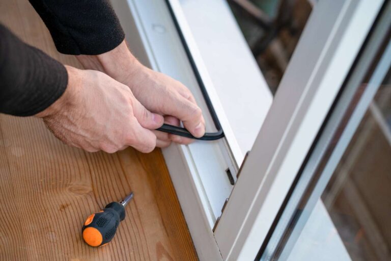 A man removes an old window seal to repair a window leak. The window seal will be repaired by replacing it with a new one. The window is in good condition and has a white window frame.