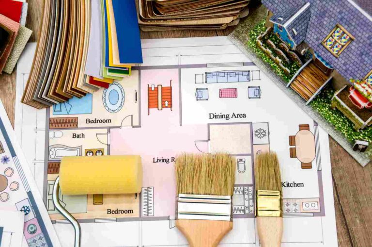 The graphic shows a drawn-out plan for the renovation of the house. Around the plan are tools and colour samples.