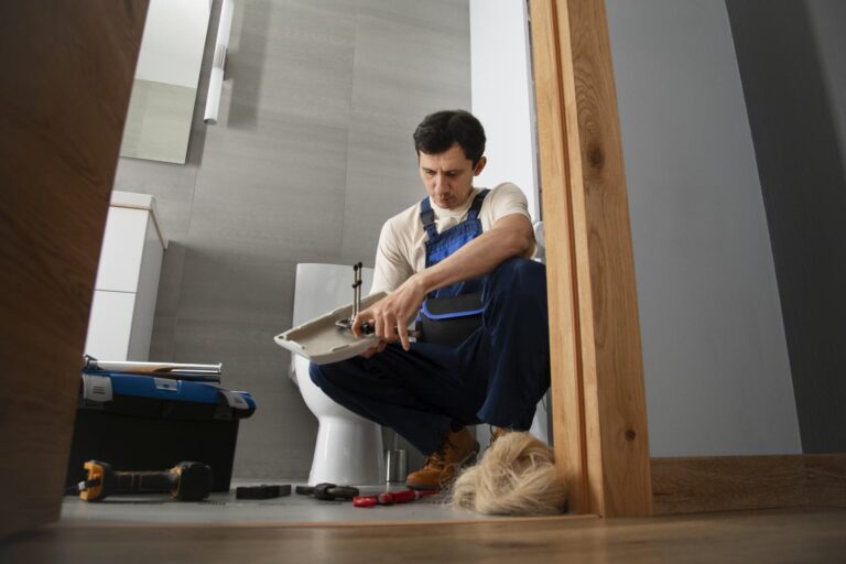 A plumber is repairing a non-flushing toilet cistern. He wonders how to fix the leak and looks at the toilet parts to find the cause of the leak.